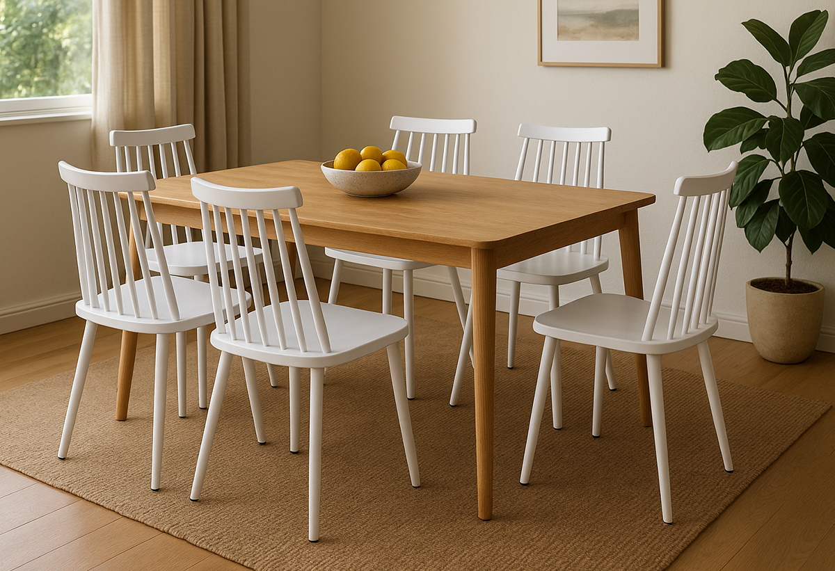 Απεικονίζεται μια τραπεζαρία με καρέκλες Retro.